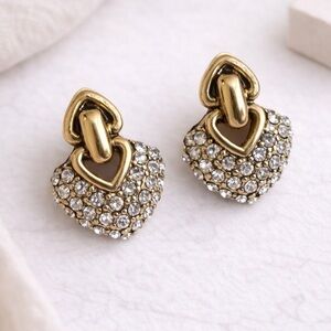 Gold Tone Rhinestone Heart Earrings Sparkly Romantic Statement Studs